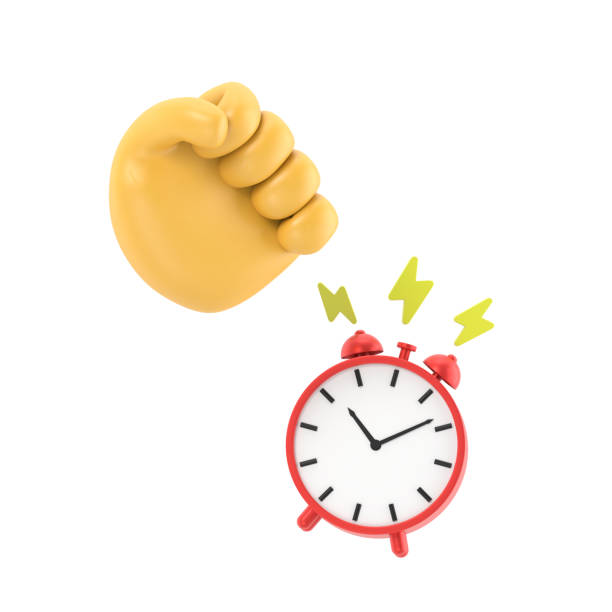 cartoon gesture icon mockup.hand spegnere la sveglia che suona, rendering 3d su sfondo bianco. - clock time clock hand urgency foto e immagini stock