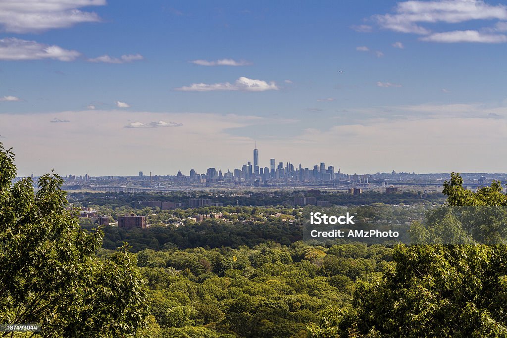 Island in the Distance View on Lower Manhatten from the Distance, looking like an Island in the Forests of New Jersey Distant Stock Photo