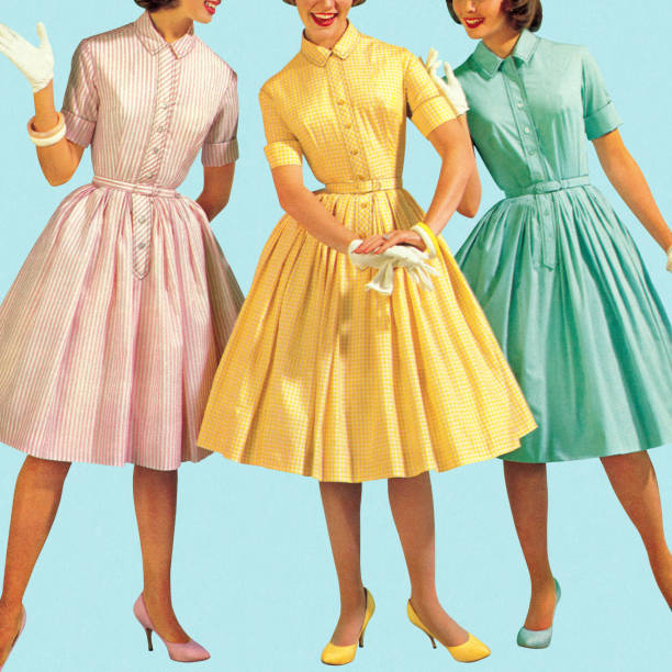 세 여성 드레스 입고 파스텔 - vintage attire stock illustrations