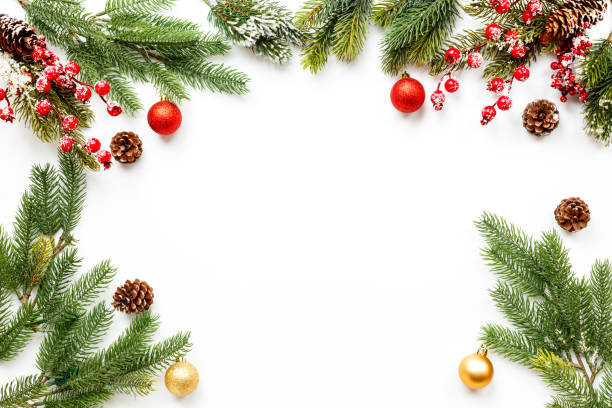 istock Christmas border with fir tree branches and red berries. Festive New Year layout 1874937395