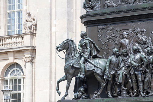 Paris, France - June 10 2019: Rear entrance of French National Assembly (Palais Bourbon) with Law statue in foreground. The statue is from Jean-Jacques Feuchere (1807-1852).