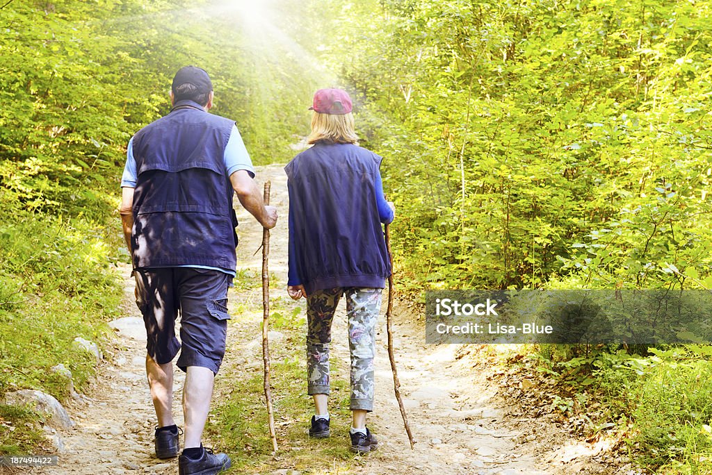Sênior casal caminhadas em uma floresta - Foto de stock de 50 Anos royalty-free