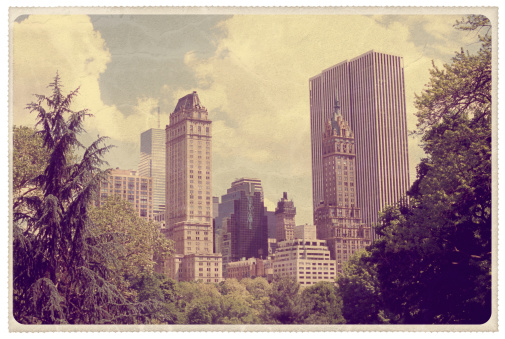 Retro-styled postcard of the New York City skyline as seen from inside Central Park -- all artwork is my own...For hundreds of similar vintage postcards from around the world, click the banner below.