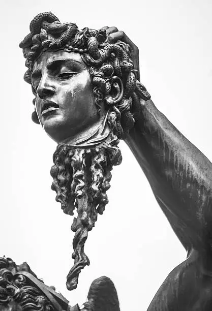 Perseus holding head of Medusa. Bronze statue created by Benvenuto Cellini. Loggia de Lanzi, Florence.