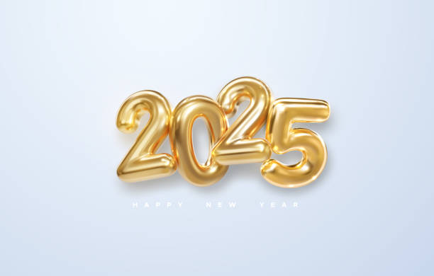 Happy New 2025 Year. Holiday vector illustration Happy New 2025 Year. Holiday vector illustration of golden metallic numbers 2025 isolated on white background. Realistic 3d sign. Festive poster or banner design new years eve party stock illustrations