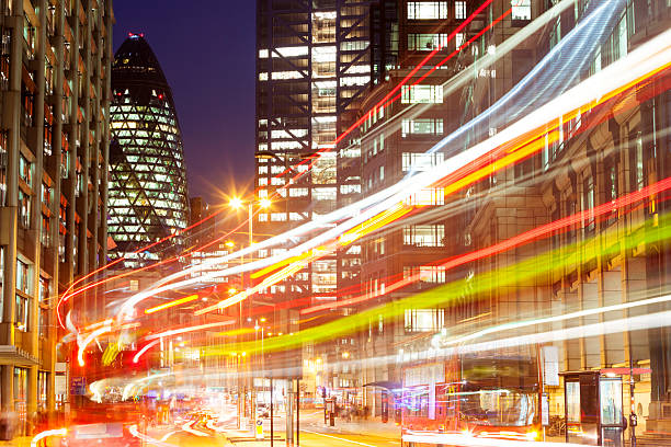 Light Trails From Buses Travelling Along London`s Street at Night http://bimphoto.com/BANERY/Baner%20London.jpg london gherkin at night stock pictures, royalty-free photos & images