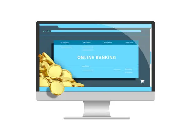 Vector illustration of Gold coins or dollar coins are stacked in front of LCD computer screen that contains templates of online financial transactions or online banking for internet banking design