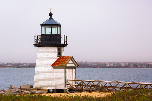 Brant Point Lighthouse at the entrance to Nantucket Harbor on the north side of Nantucket Island, established in 1746 as the second lighthouse built in America