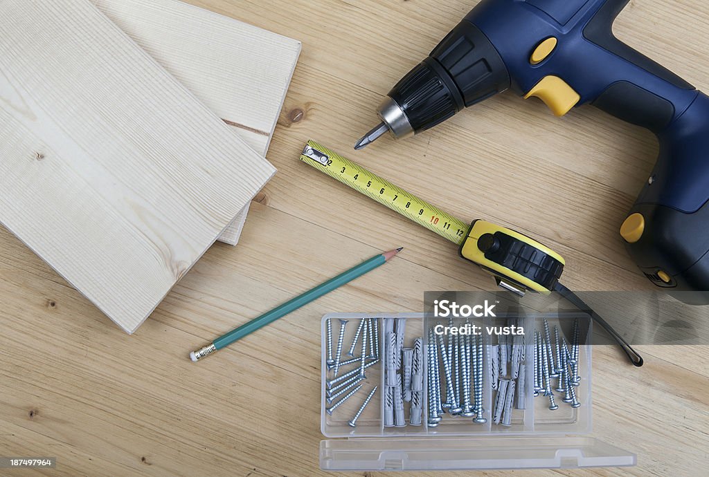 wood works working tools on wood Carpenter Stock Photo