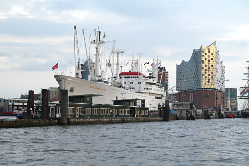 The museum ship Cap San Diego berthed at the Überseebrücke in the port of Hamburg. The general cargo ship, built in 1961, was used on scheduled services to South America until the 1980s. It is the largest operational museum cargo ship in the world.