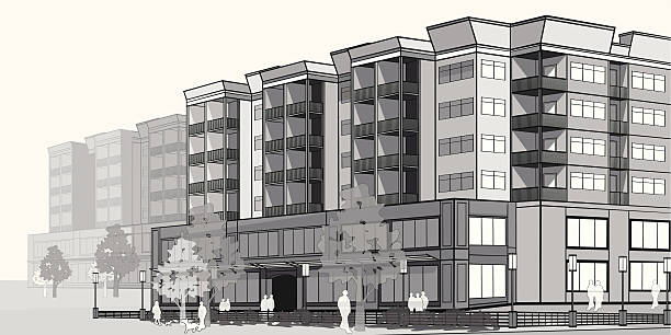 Modern houses. Sketch of a modern houses. The cityscape. one point perspective person stock illustrations