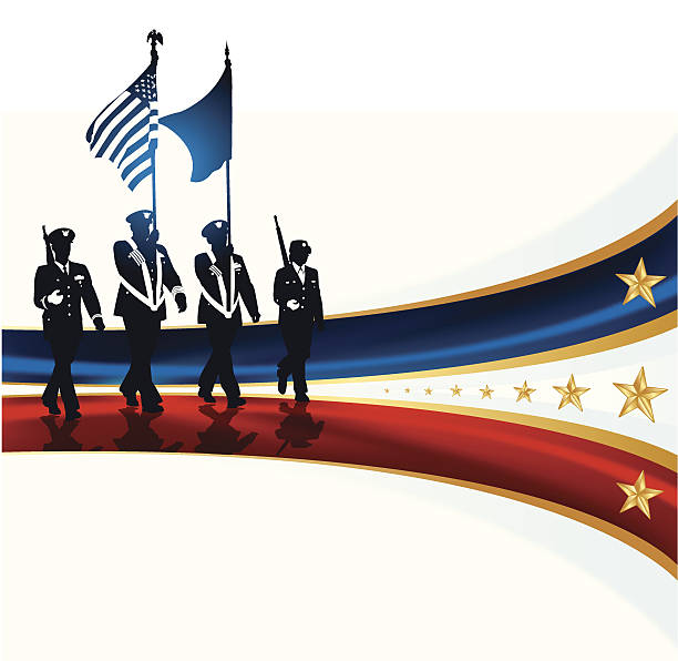 Military Parade Soldiers, American Flag - Background Military Parade Soldiers. Graphic silhouette background illustration of Military Parade Soldiers Carrying Flags. Check out my "World War Two" light box for more. military parade stock illustrations