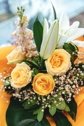 Elegant flowers in a bouquet. Yellow and white flower arrangement for special events.