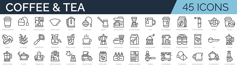 Set of 45 outline icons related to coffee and tea. Linear icon collection. Editable stroke. Vector illustration