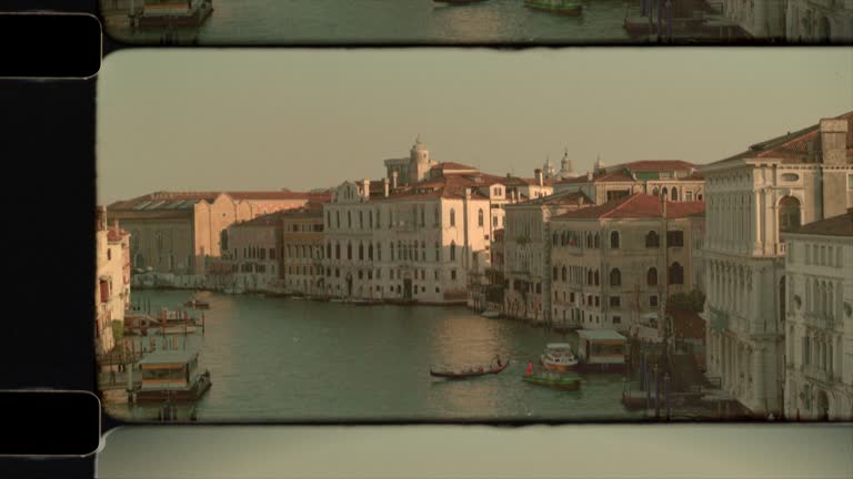 Old Film Aerial View of the Grand Canal in Venice, Italy in sunshine. 4K