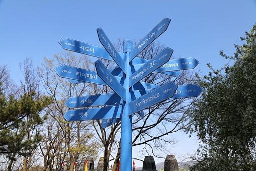 City distances sign in Seoul, South Korea. Sister cities of Seoul written in Korean script and Latin alphabet.