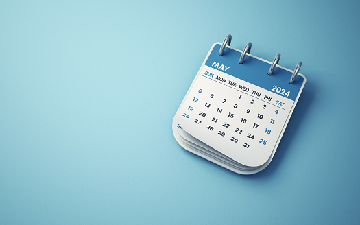 3d render May 2024 Calendar on Light Turquoise background, Desk Calendar, Can be used for reminder day, special day concept (Close-Up)