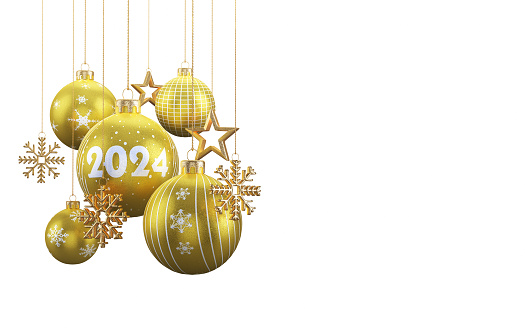 3d Render Multi Colored Christmas Balls Decorations 2024 New Year concept. Clipping Path on White Background (isolated on white)