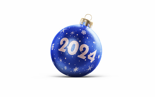 3d Render New Year 2024 Blue Christmas Ornament, Object + Shadow Clipping Path (close-up)