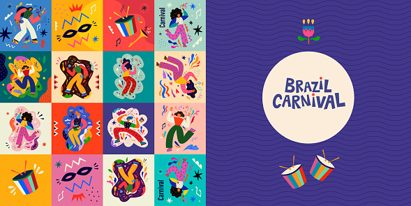 Carnival collection of colourful cards. Design for Brazil Carnival. Decorative abstract illustration with colourful doodles. Music festival illustration.