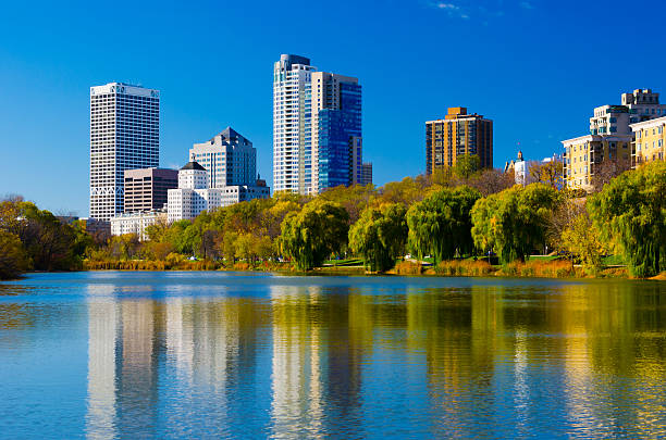 istock Milwaukee skyline and Veterans Park Pond 187506932