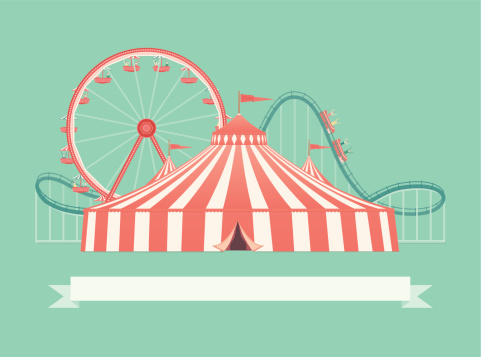 A retro style carnival illustration of a big top circus tent, roller coaster and ferris wheel. This is an editable EPS 10 vector illustration with CMYK color space.