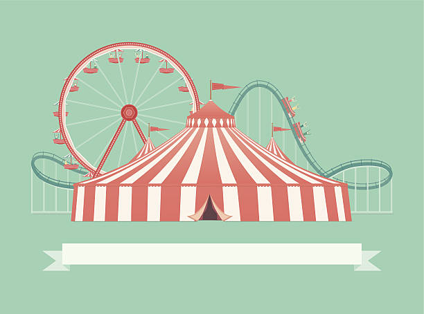 Welcome to the Carnival A retro style carnival illustration of a big top circus tent, roller coaster and ferris wheel. This is an editable EPS 10 vector illustration with CMYK color space. traveling carnival illustrations stock illustrations