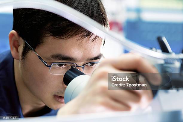 Primo Piano Di Uomo Occhio Guardando Attraverso Il Microscopio - Fotografie stock e altre immagini di Ingegnere