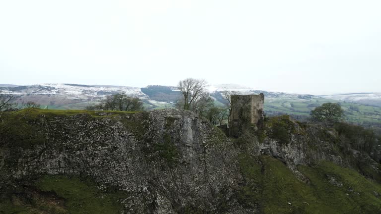 Peveril Castle Ruins England Peak District Castleton Cave Dale Aerial View Winter