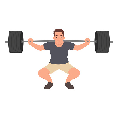 Man doing Barbell squat exercise with too much weights. Ego lifting concept. Flat vector illustration isolated on white background