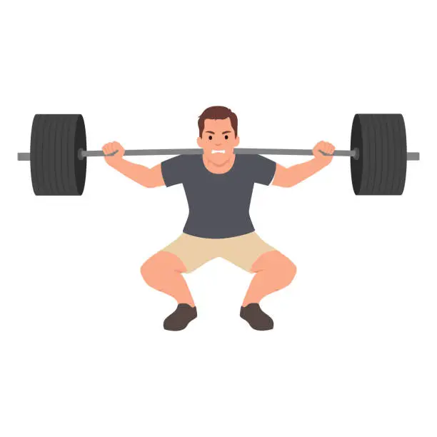 Vector illustration of Man doing Barbell squat exercise with too much weights. Ego lifting concept.