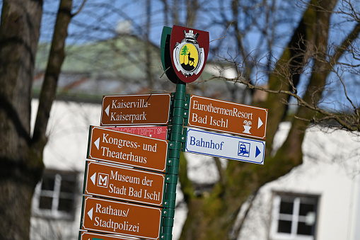 Tourist information signs in Bad Ischl, Salzkammergut, Upper Austria, Austria