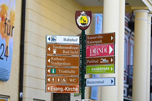 Tourist information signs in Bad Ischl, Salzkammergut, Upper Austria, Austria