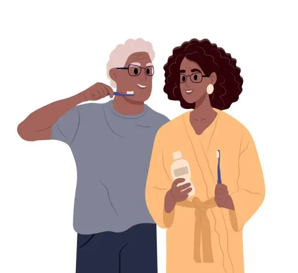 Vector illustration of World oral health day. African man, woman taking care of oral health or brushing teeth. An elderly couple brushes their teeth with a toothbrush.