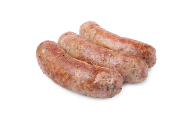 istock Three tasty homemade sausages isolated on white 1875131421