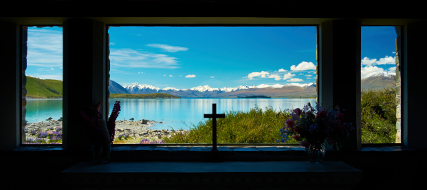 The view from the window of the Church of the Good Shepherd at Lake Tekapo, on New Zealand's South Island. 