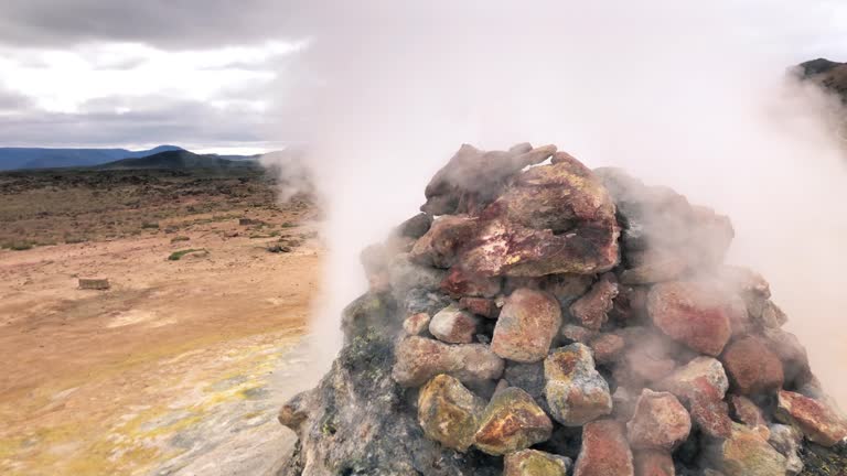 Hverir geothermal springs with smoke, Iceland in summer season