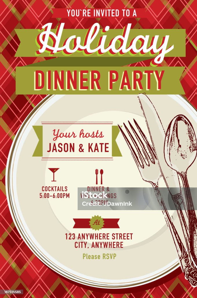 Holiday party dinner invitation design template Vector illustration of a Holiday party dinner invitation design template. Features design elements such as sample text design, cutlery and plate. Colorful background. Celebration stock vector
