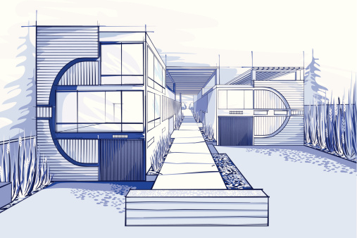 Illustration of a modern houses in blue colors.