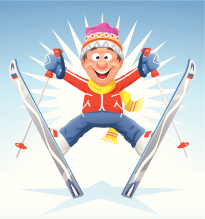 A cheerful skier jumping. EPS 10- image contains transparencies, grouped and labeled in layers.