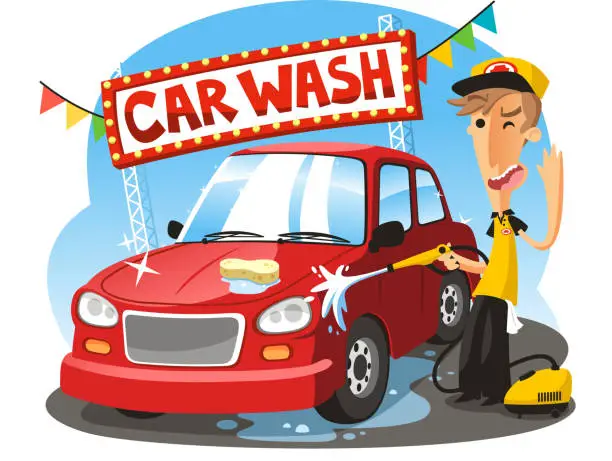 Vector illustration of Car Wash Sign with boy washing vehicle