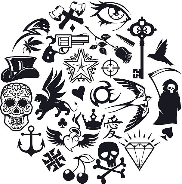 tattoo icons set Tattoo symbols icons set. High resolution PNG file is also added. marijuana tattoo stock illustrations