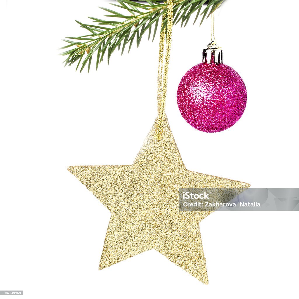 Estrella brillante Dorada de Navidad con decoración ramas de abeto I - Foto de stock de Abeto libre de derechos