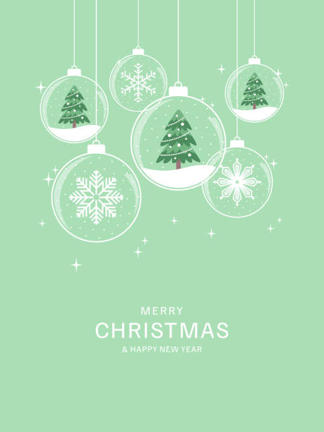 istock Glass balls with a Christmas trees and snowflakes inside and text on a green background. Christmas and New Year greeting card. Flat vector illustration 1875157233