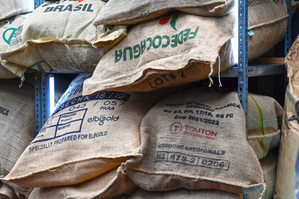Stacked and empty coffee bags on a shelf at a trade fair in Hamburg, Germany