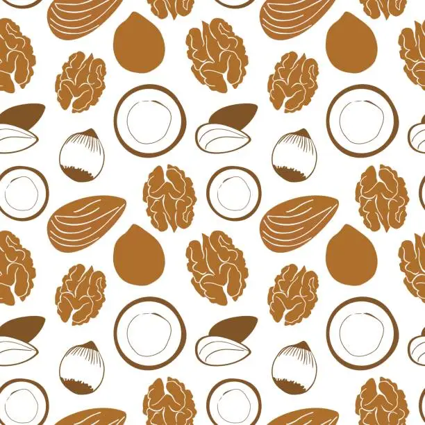 Vector illustration of Seamless pattern with different nuts and seeds in soft brown colors. Trendy texture design for food packaging, kitchen wallpaper, textile, grocery shop decor. Vector illustration isolated on white