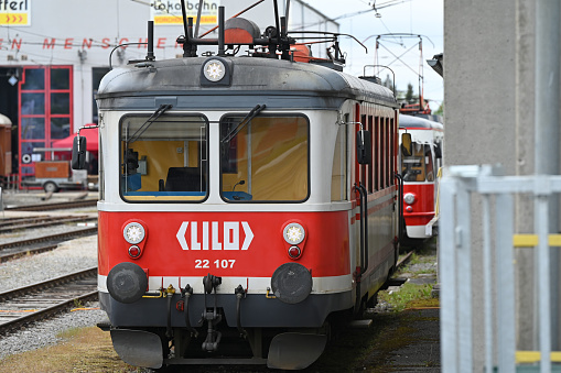 Historic railcar of the Linz local railway Lilo at the 120 Years of Vorchdorferbahn ceremony in Vorchdorf (Gmunden district)