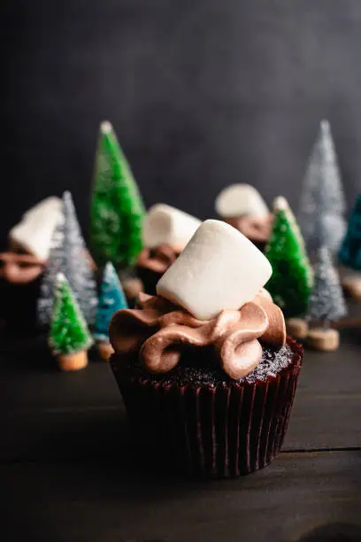 Chocolate cupcakes with hot chocolate frosting surrounded with miniature Christmas tree decorations