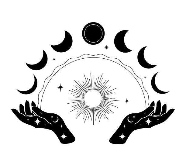 istock Hands with signs magic sumbols, sun, phases of moon and stars 1875200852