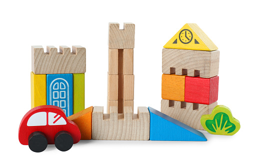Set of wooden toys isolated on white. Children's development